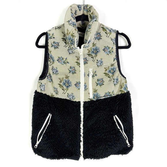 Sandy Liang Dove Faux Shearling Vest Floral Sherpa Fleece Black Beige Sz S - Picture 6 of 13